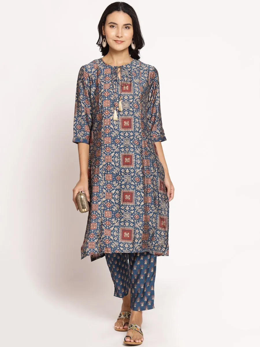 Women Blue 3/4 Sleeve Kurta With Trouser