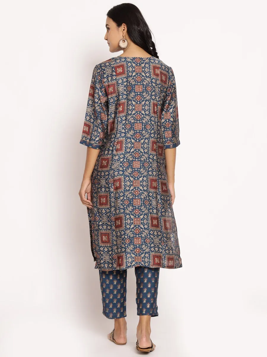 Women Blue 3/4 Sleeve Kurta With Trouser