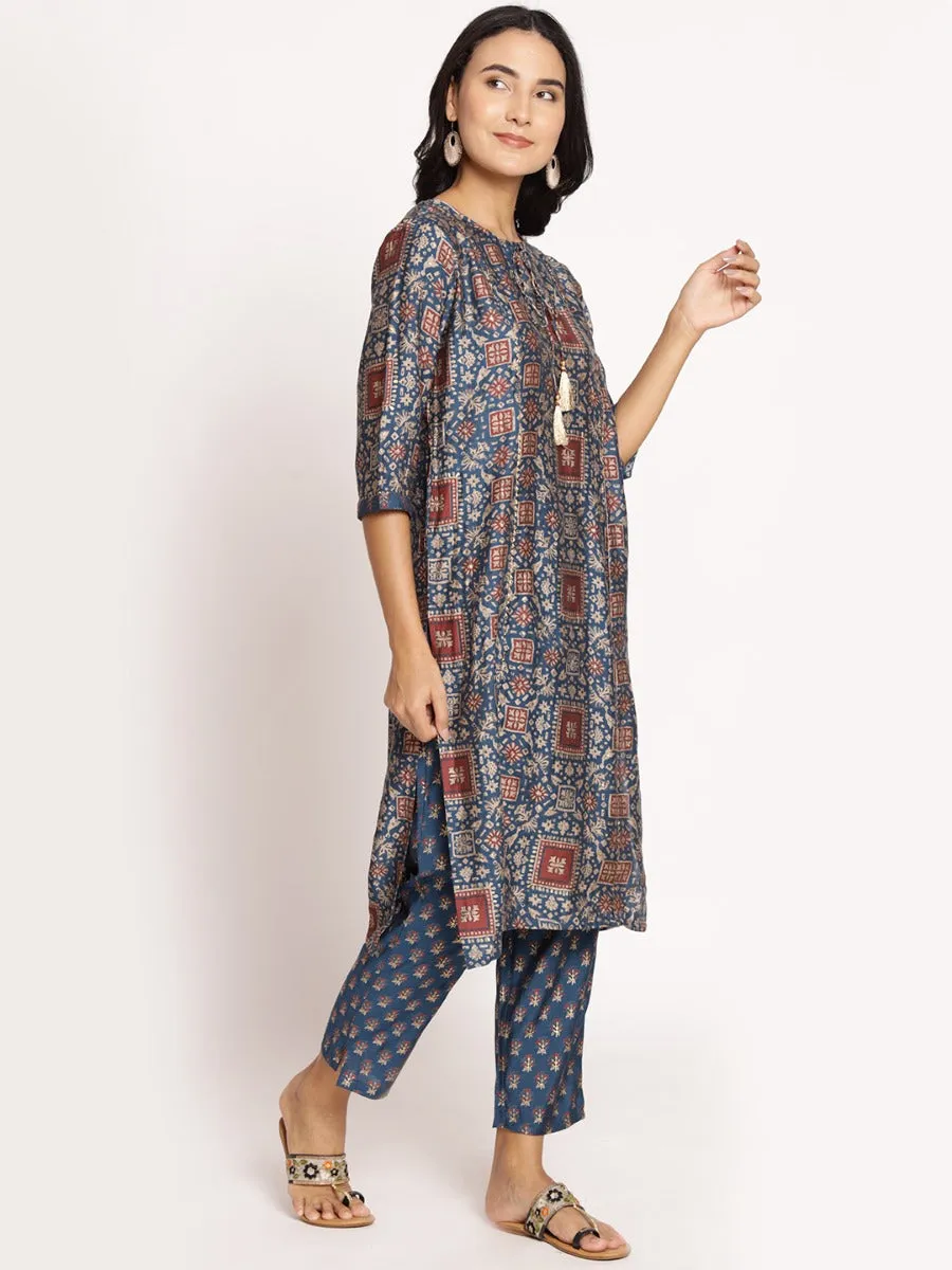 Women Blue 3/4 Sleeve Kurta With Trouser