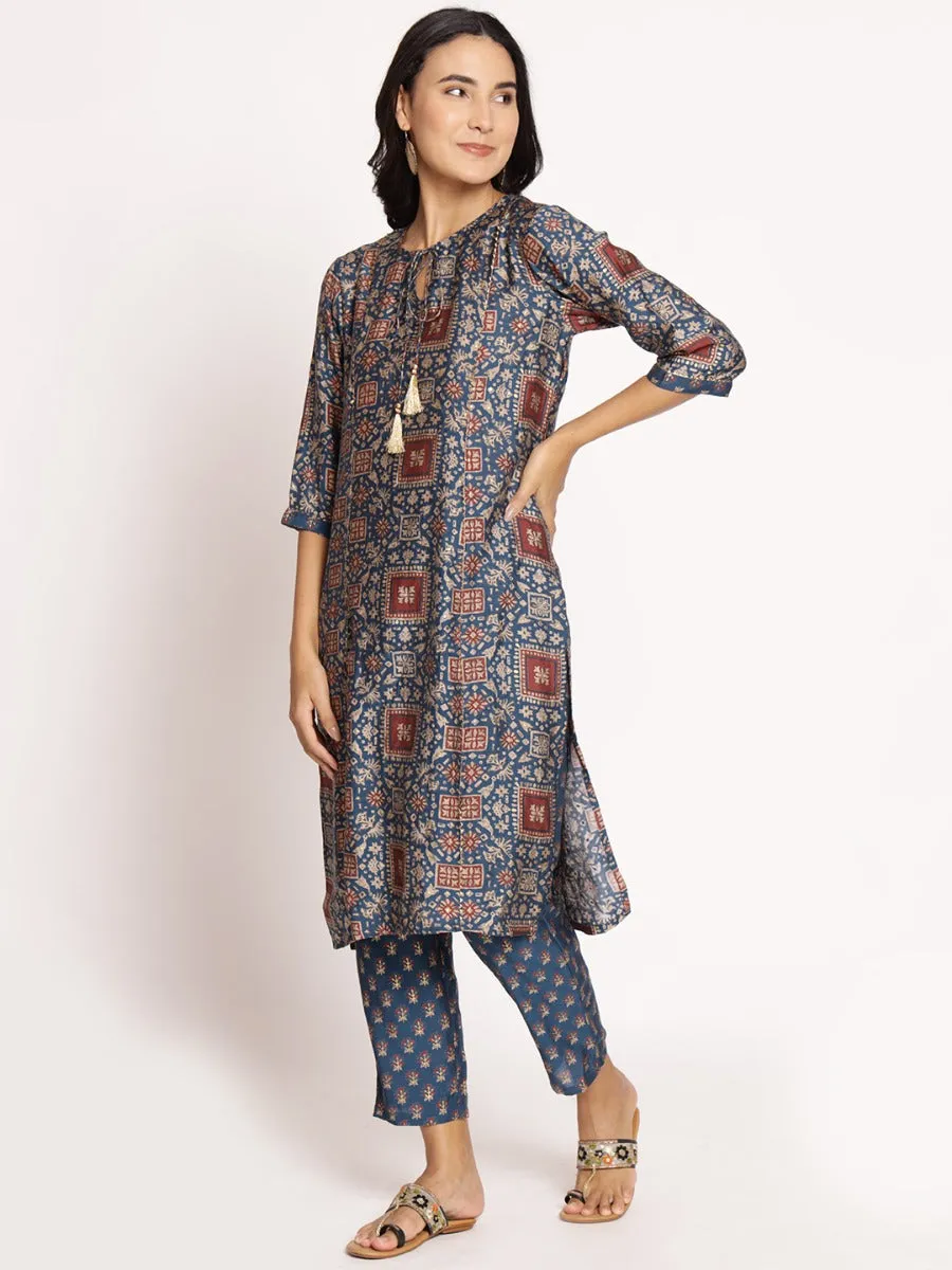 Women Blue 3/4 Sleeve Kurta With Trouser