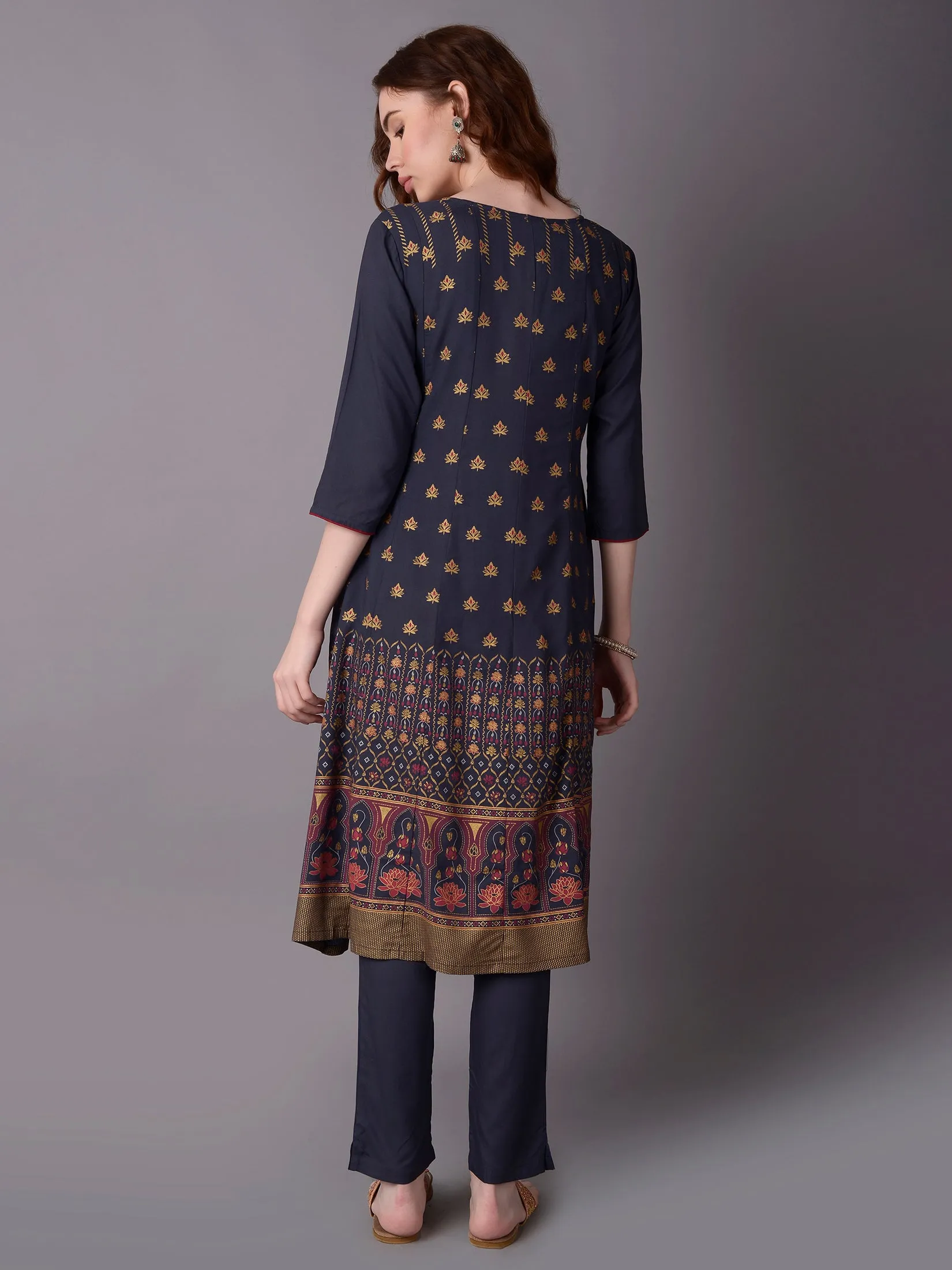 Women Blue A-line Printed Kurta With Trouser