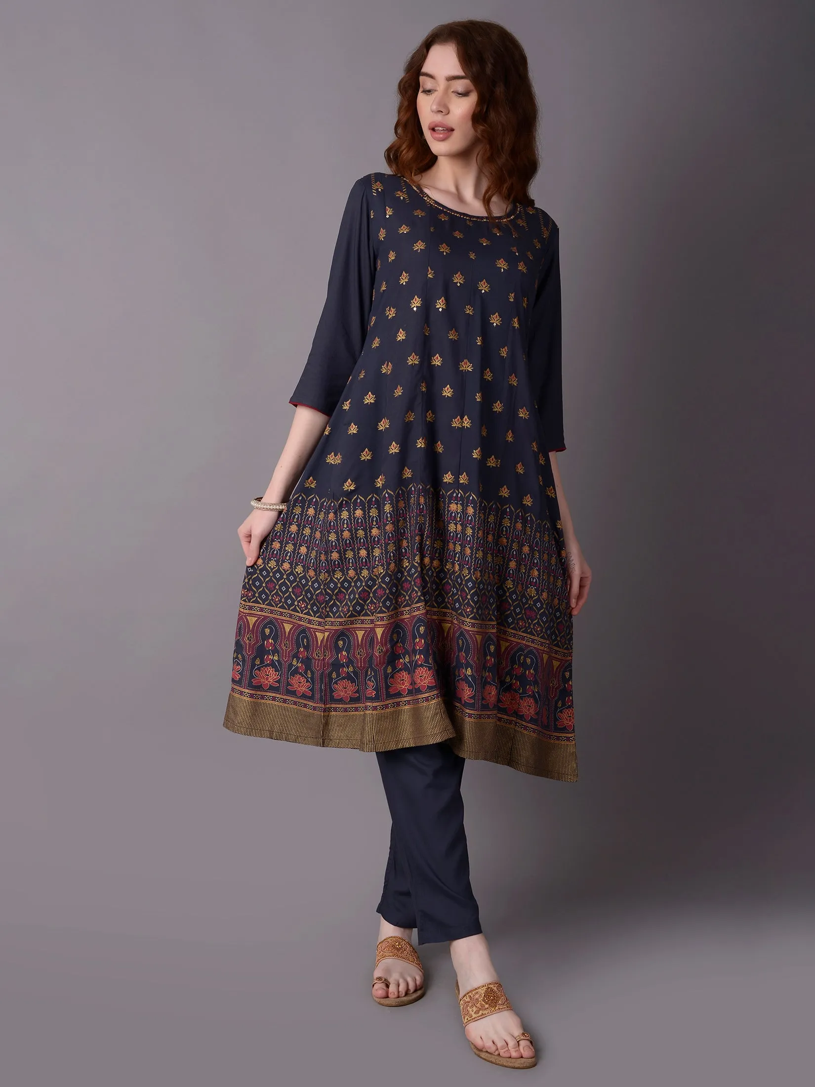 Women Blue A-line Printed Kurta With Trouser