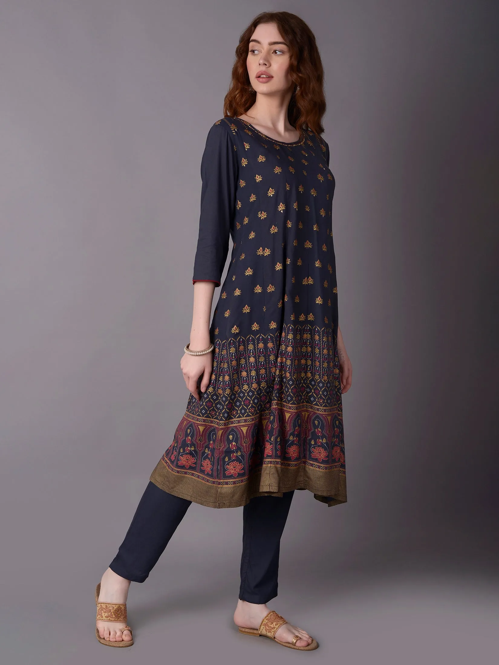 Women Blue A-line Printed Kurta With Trouser