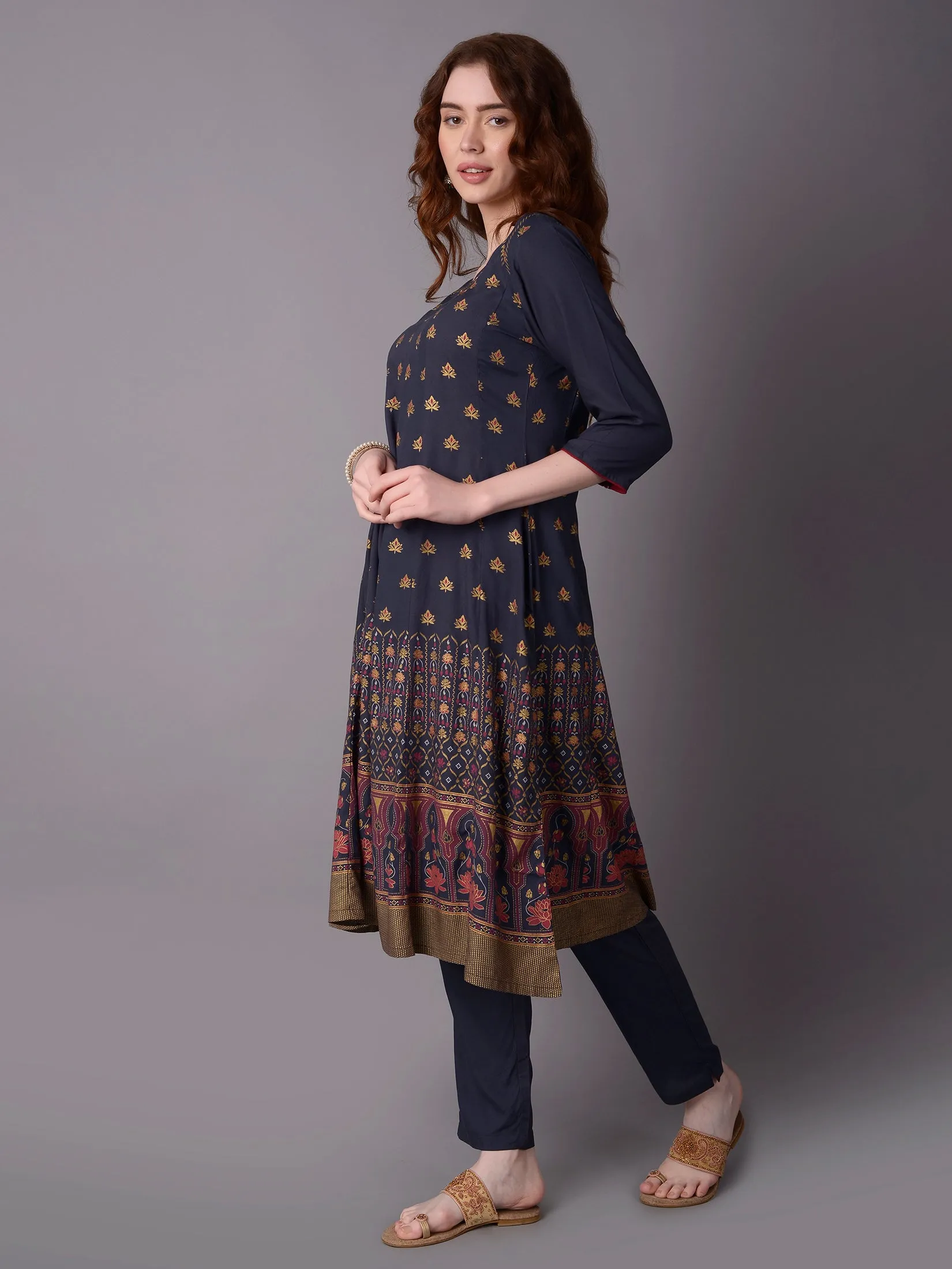 Women Blue A-line Printed Kurta With Trouser