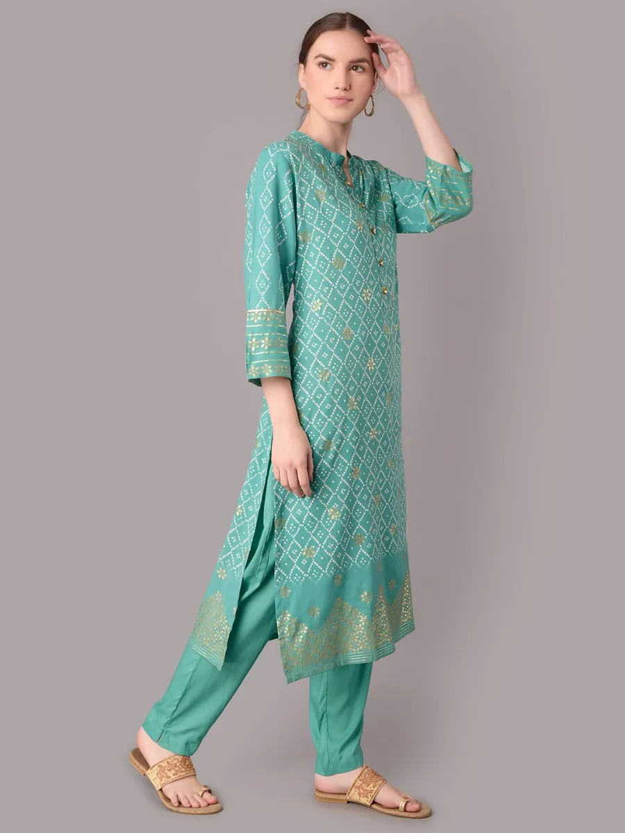 Women Blue Mandarin Collar Kurta With Trouser