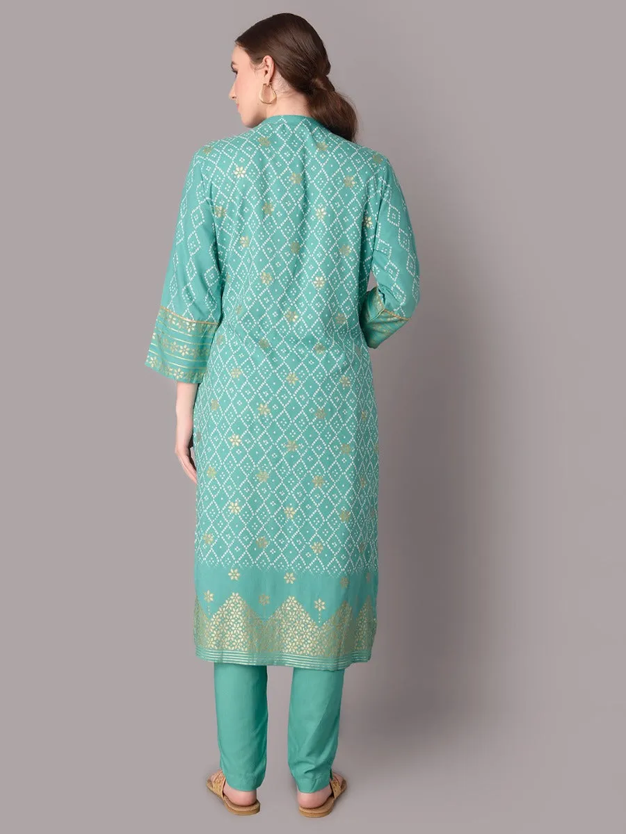 Women Blue Mandarin Collar Kurta With Trouser