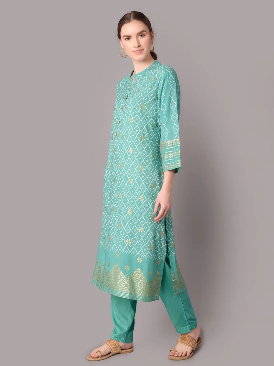 Women Blue Mandarin Collar Kurta With Trouser