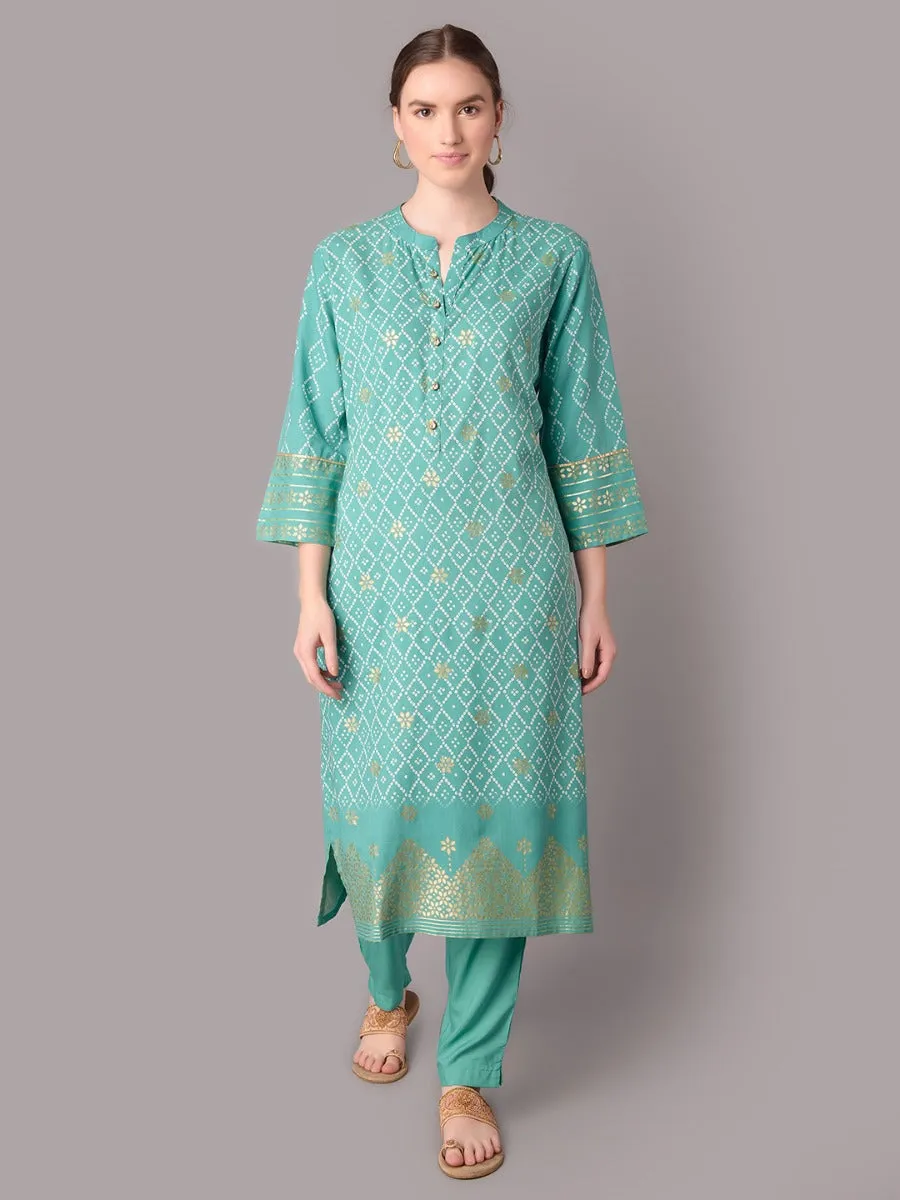 Women Blue Mandarin Collar Kurta With Trouser