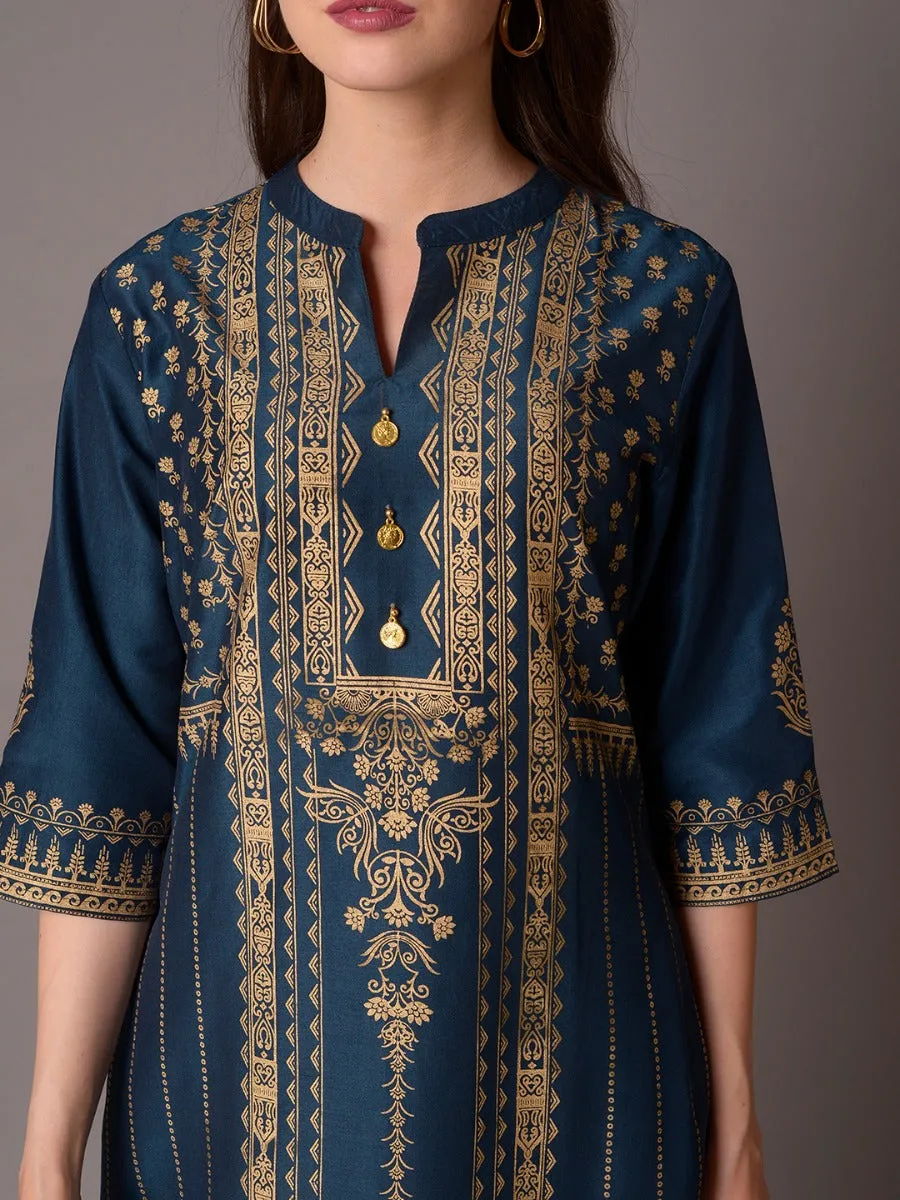 Women Blue Ornamental Printed Kurta