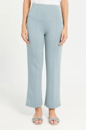 Women Blue Single Pleat Wide Leg Trouser