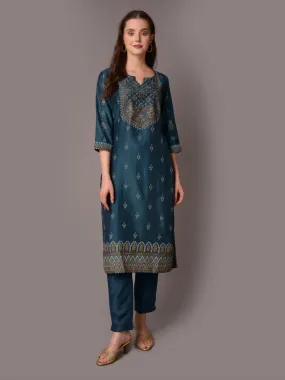 Women Blue Straight Printed Kurta With Trouser