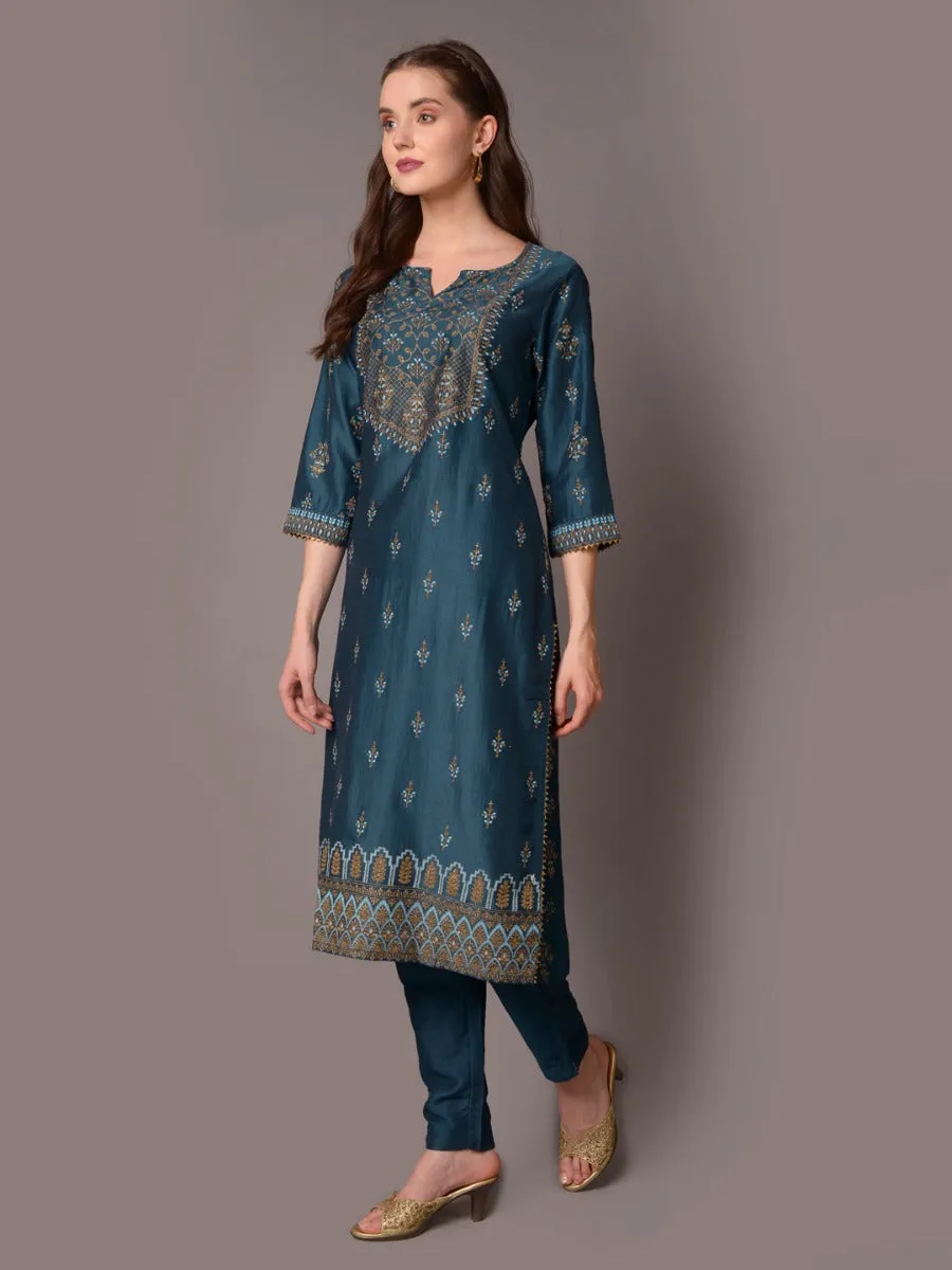 Women Blue Straight Printed Kurta With Trouser