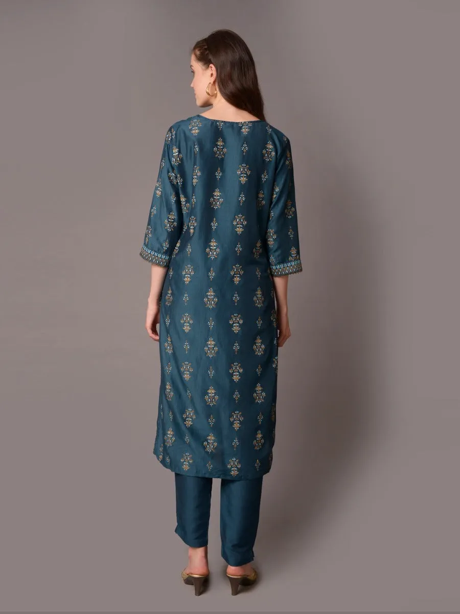 Women Blue Straight Printed Kurta With Trouser