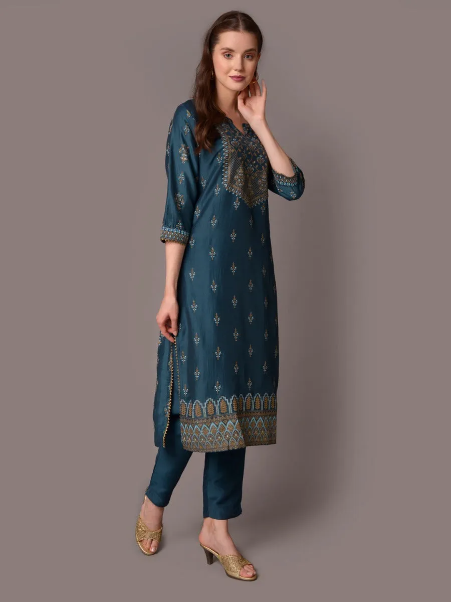 Women Blue Straight Printed Kurta With Trouser