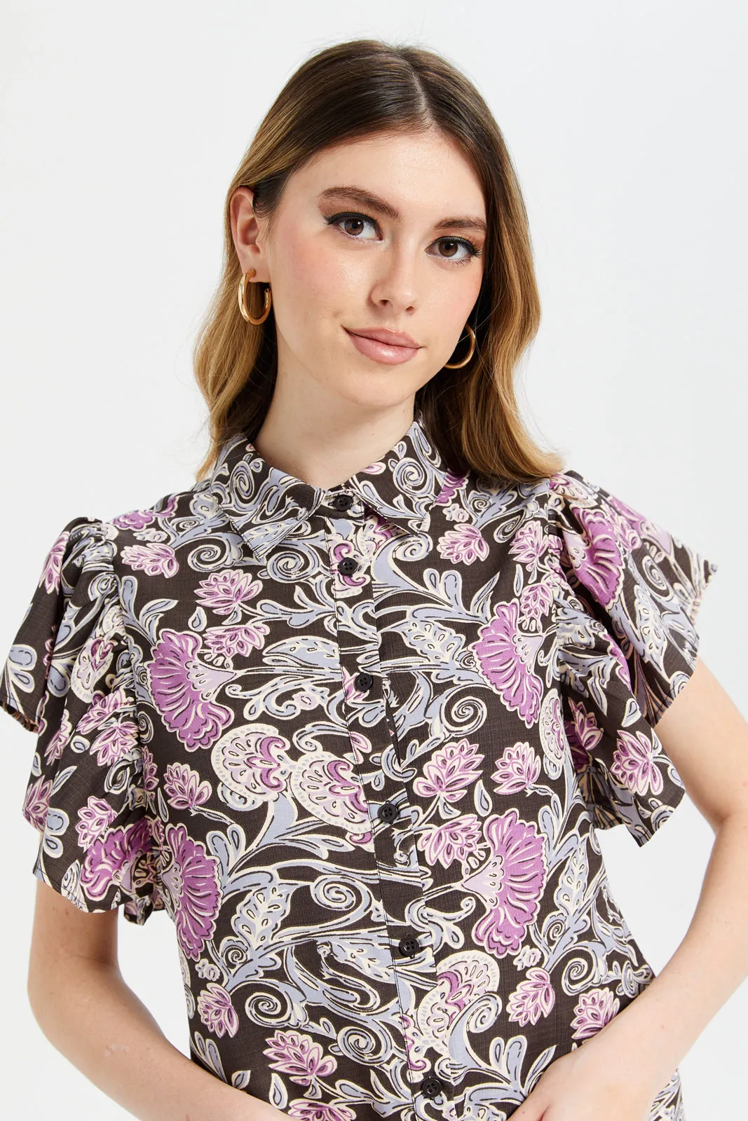 Women Brown And Lilac Printed Blouse