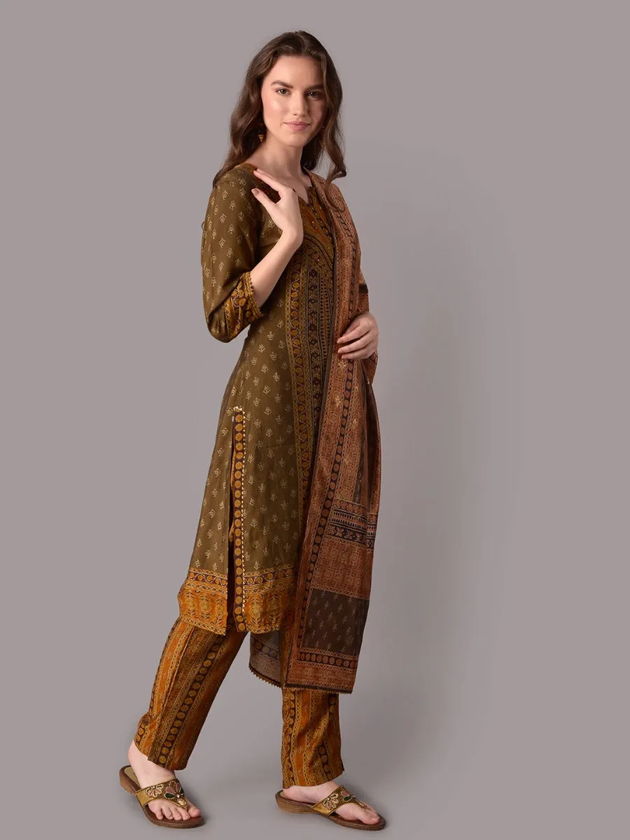 Women Brown Ornamental Printed Kurta Trouser Dupatta