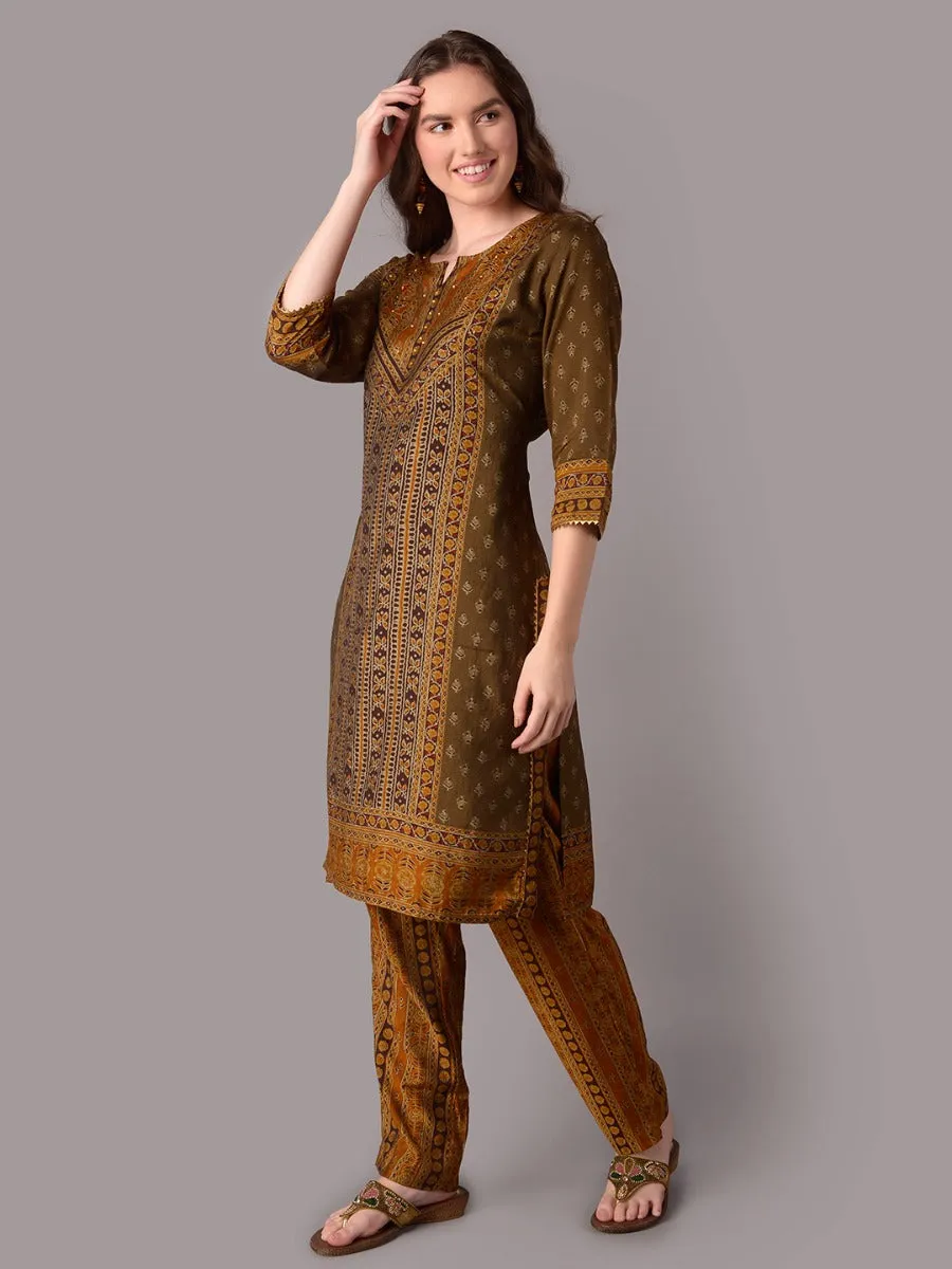 Women Brown Ornamental Printed Kurta Trouser Dupatta