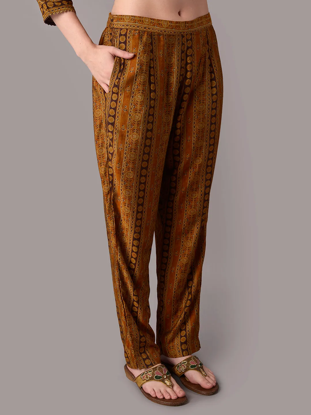 Women Brown Ornamental Printed Kurta Trouser Dupatta