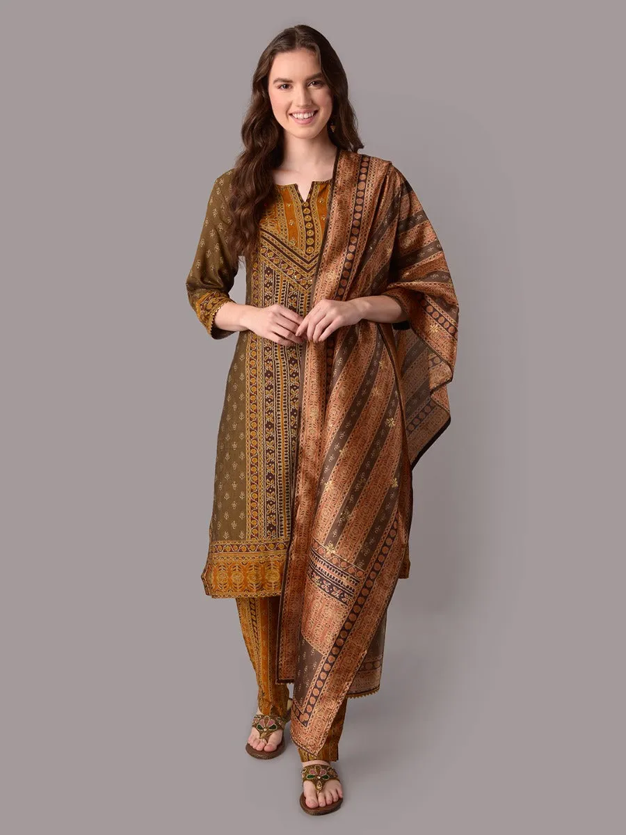 Women Brown Ornamental Printed Kurta Trouser Dupatta