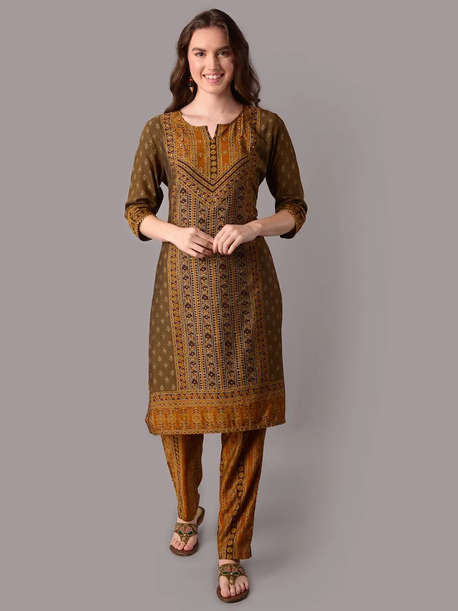 Women Brown Ornamental Printed Kurta Trouser Dupatta