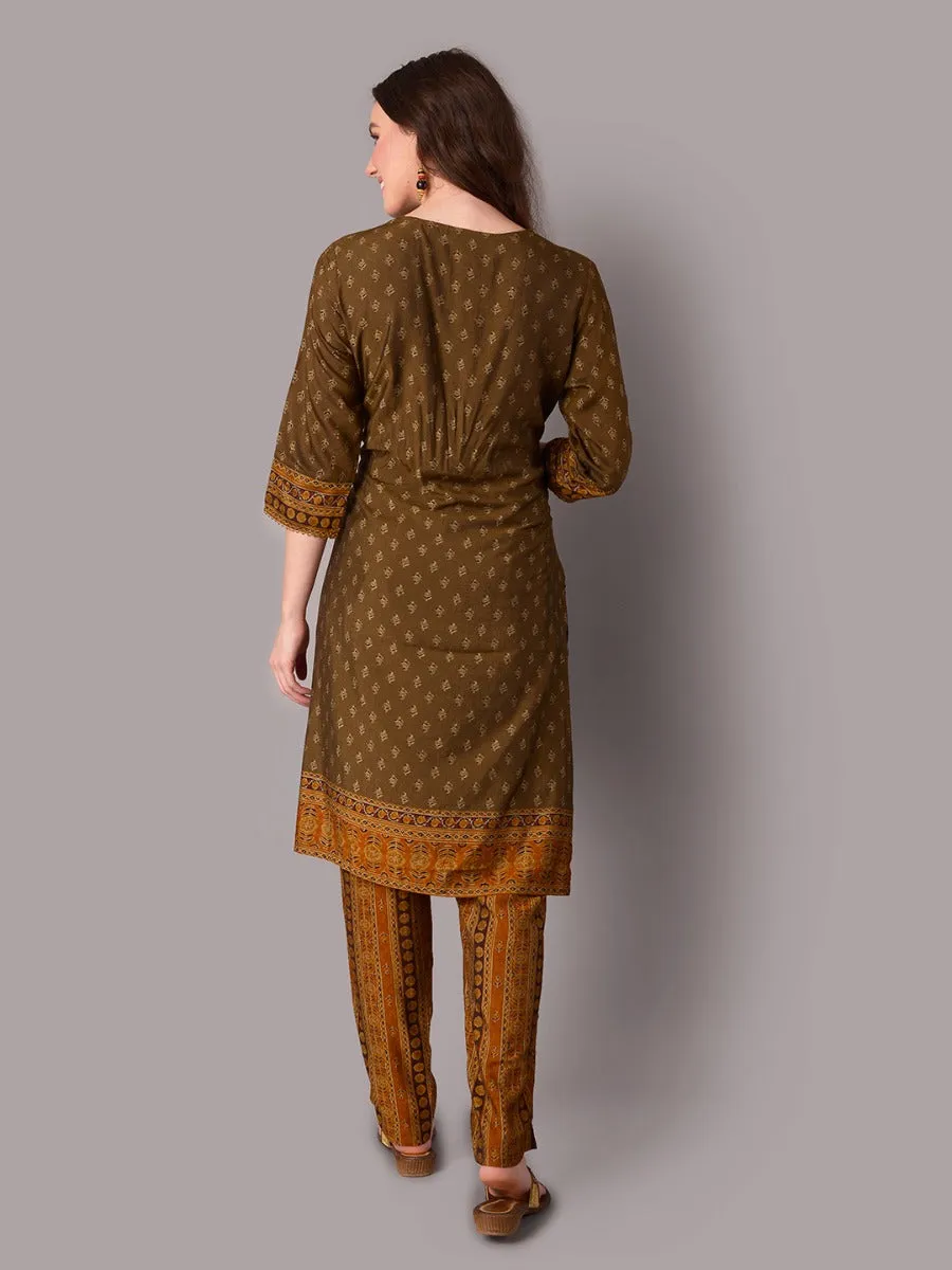 Women Brown Ornamental Printed Kurta Trouser Dupatta