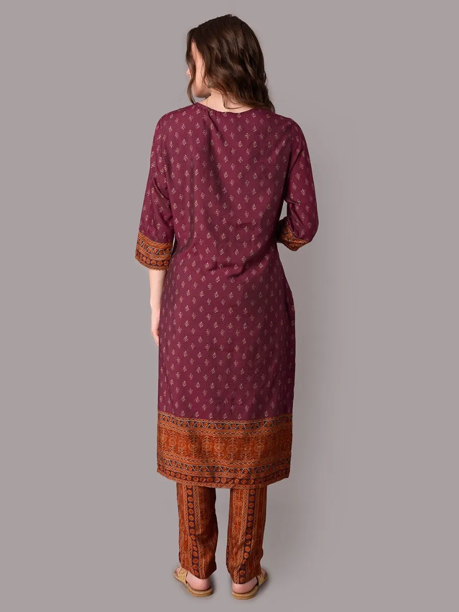 Women Burgundy Ornamental Printed Kurta Trouser Dupatta