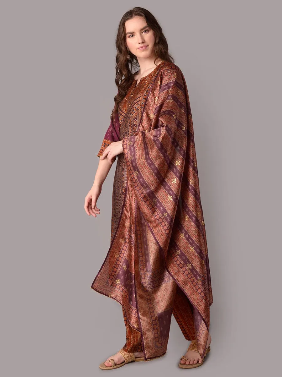 Women Burgundy Ornamental Printed Kurta Trouser Dupatta