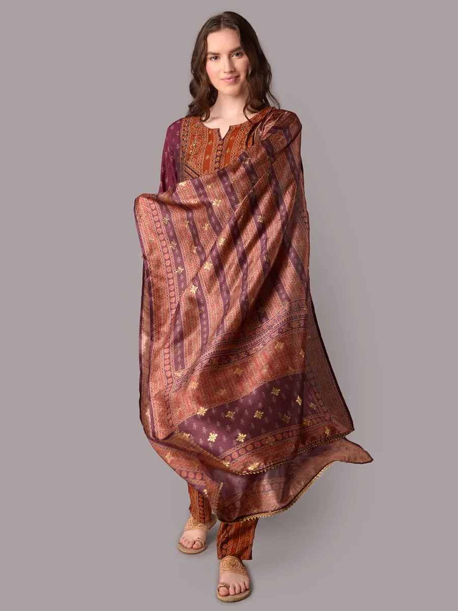 Women Burgundy Ornamental Printed Kurta Trouser Dupatta