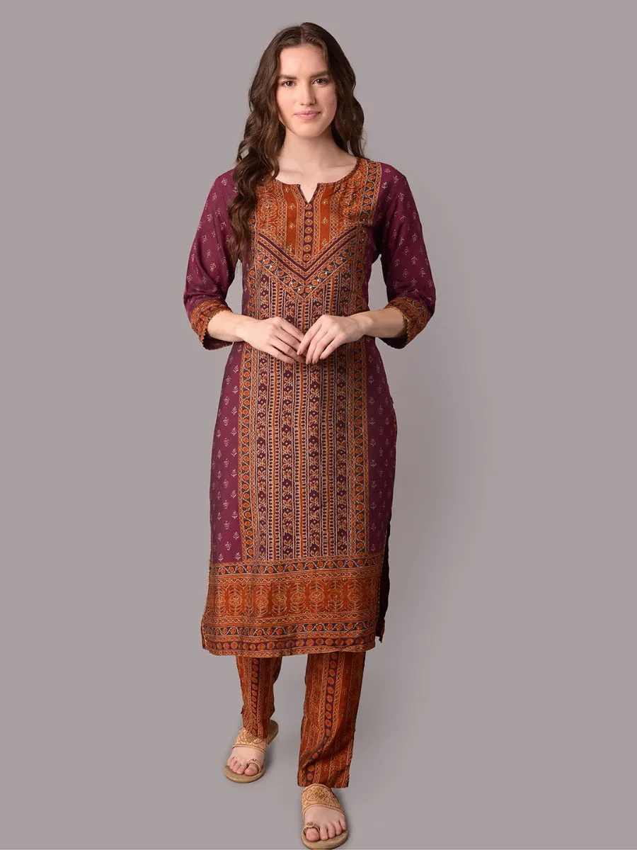 Women Burgundy Ornamental Printed Kurta Trouser Dupatta