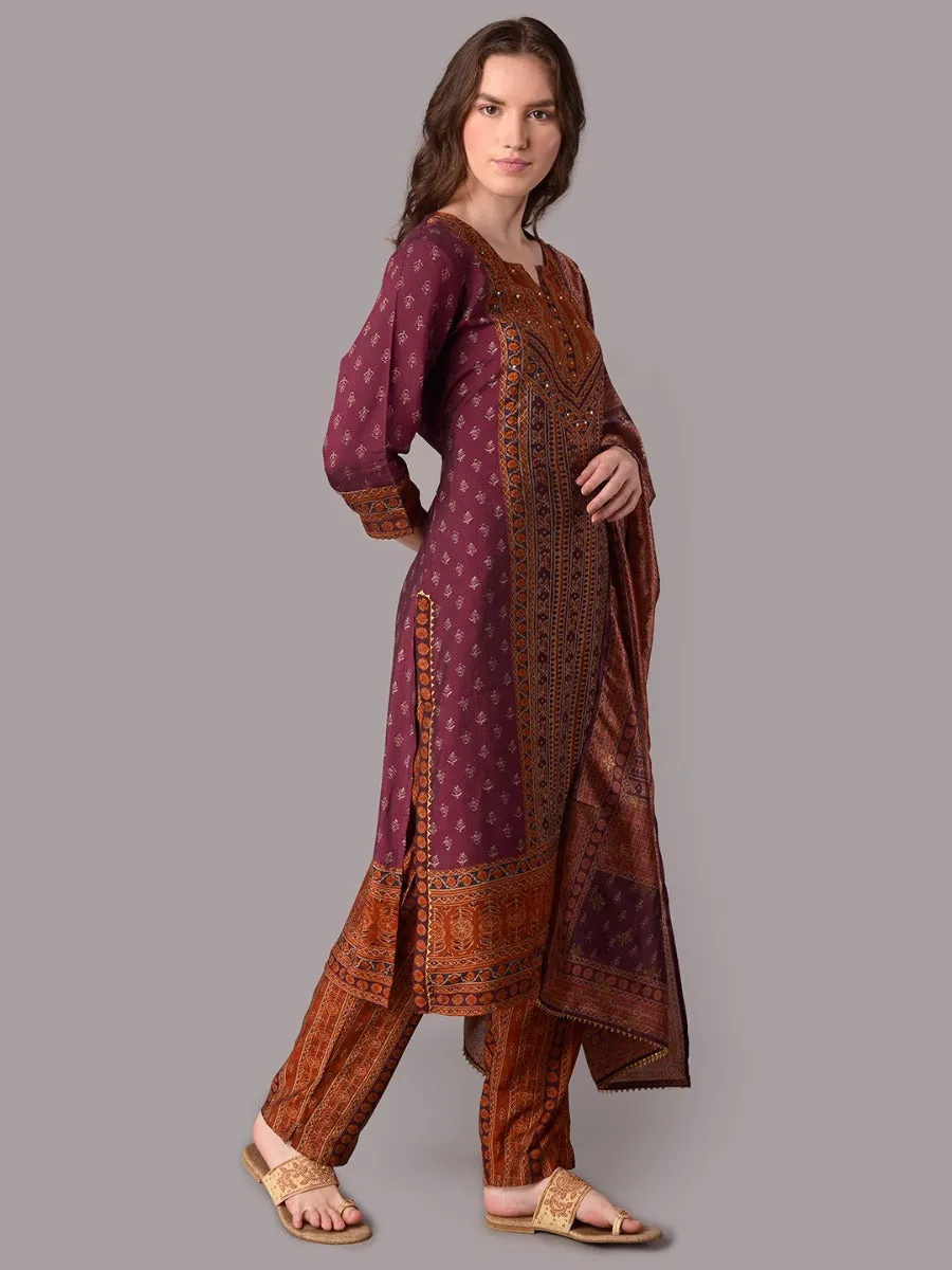 Women Burgundy Ornamental Printed Kurta Trouser Dupatta