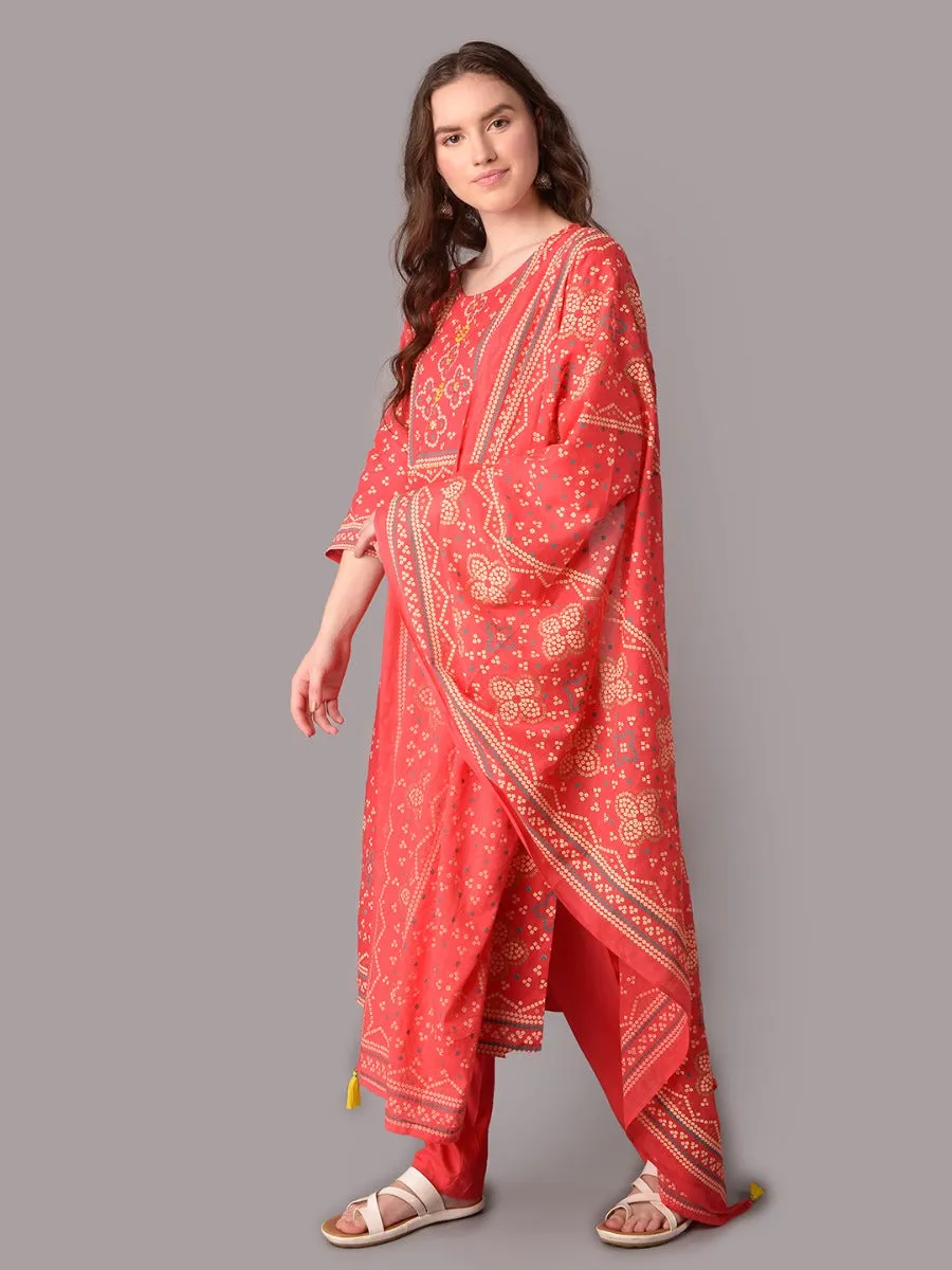 Women Fuchsia Ornamental Printed Kurta Trouser Dupatta