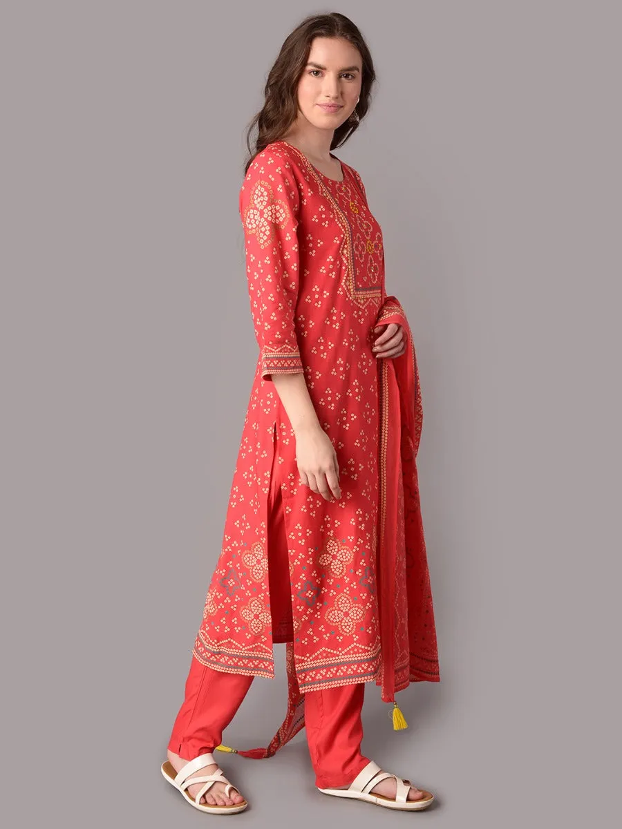 Women Fuchsia Ornamental Printed Kurta Trouser Dupatta