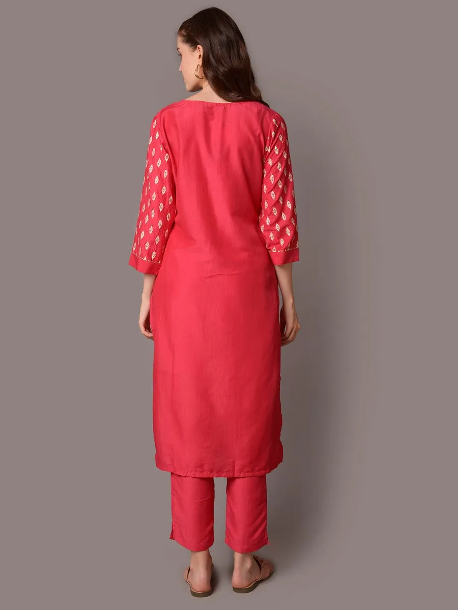 Women Fuchsia Ornamental Printed Kurta With Trouser