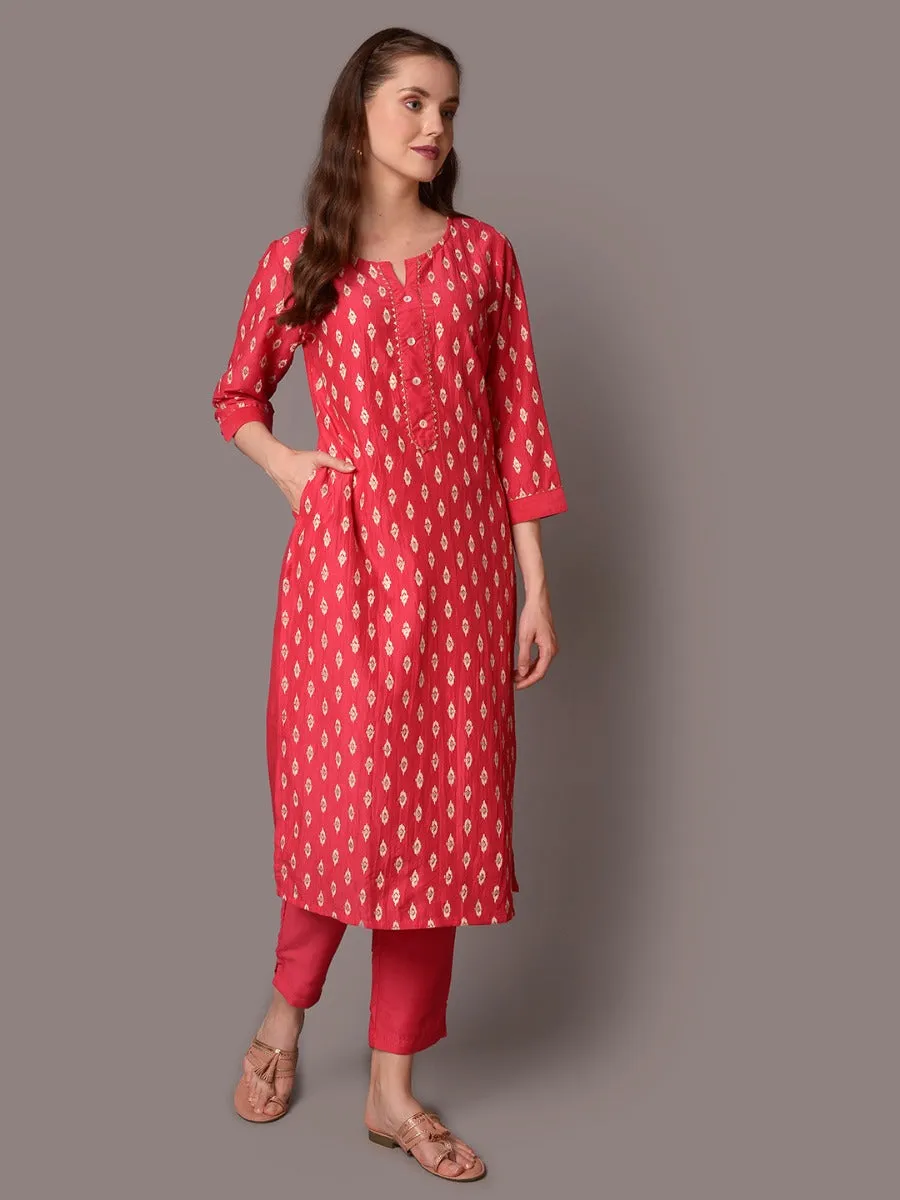 Women Fuchsia Ornamental Printed Kurta With Trouser