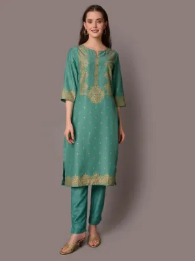 Women Green Ornamental Kurta With Trouser