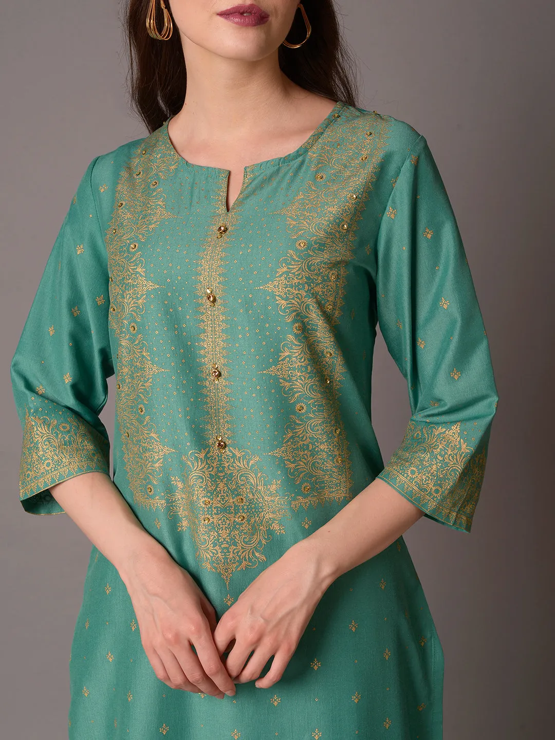 Women Green Ornamental Kurta With Trouser