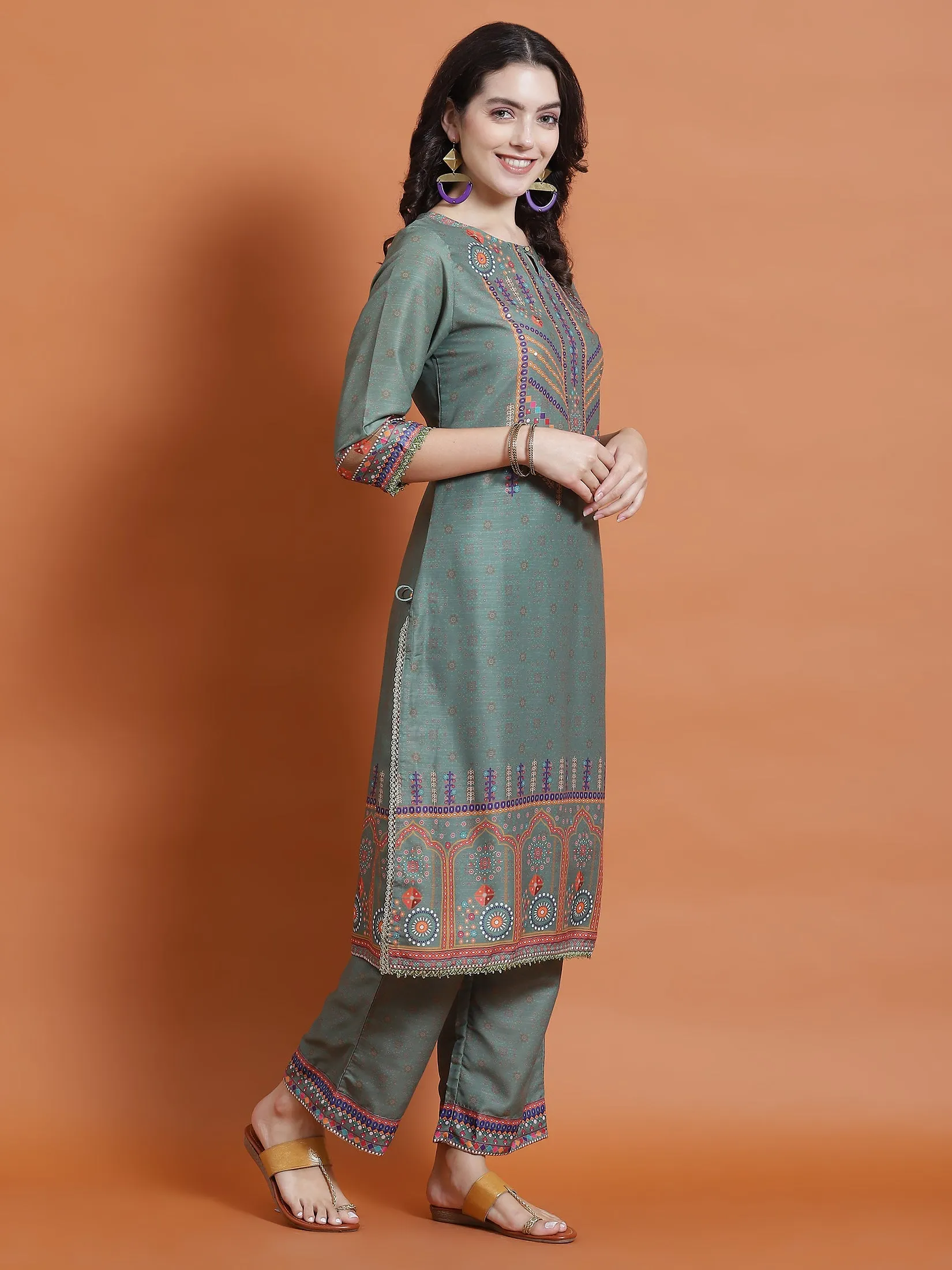 Women Green Ornamental Print Kurta Wide Pant Dupatta