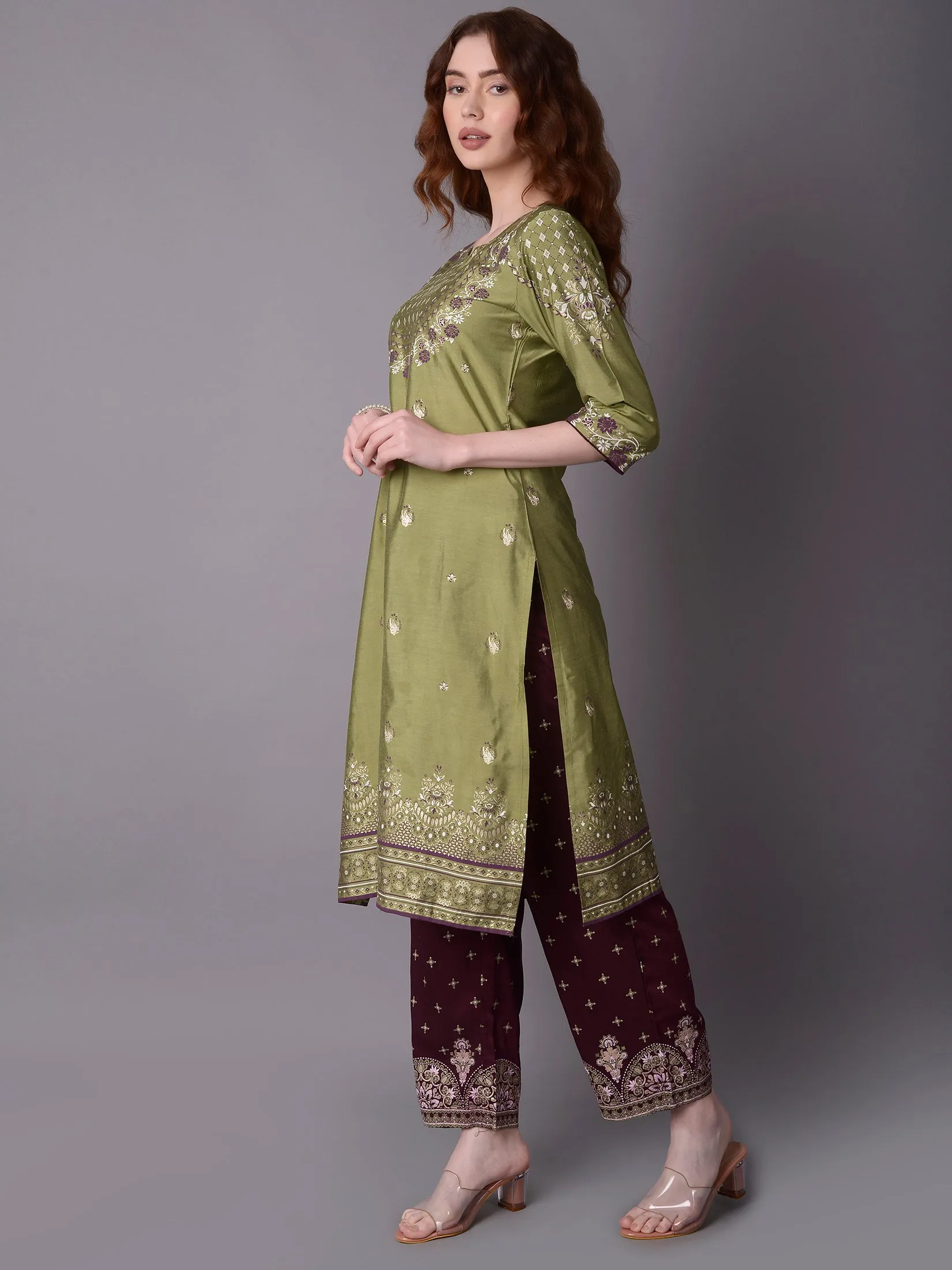 Women Green Ornamental Printed Kurta Salwar Dupatta