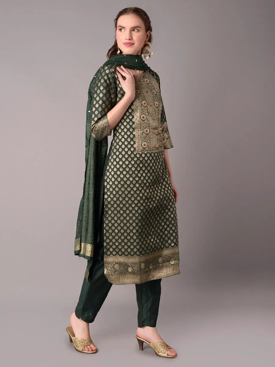 Women Green Ornamental Printed Kurta Trouser Dupatta