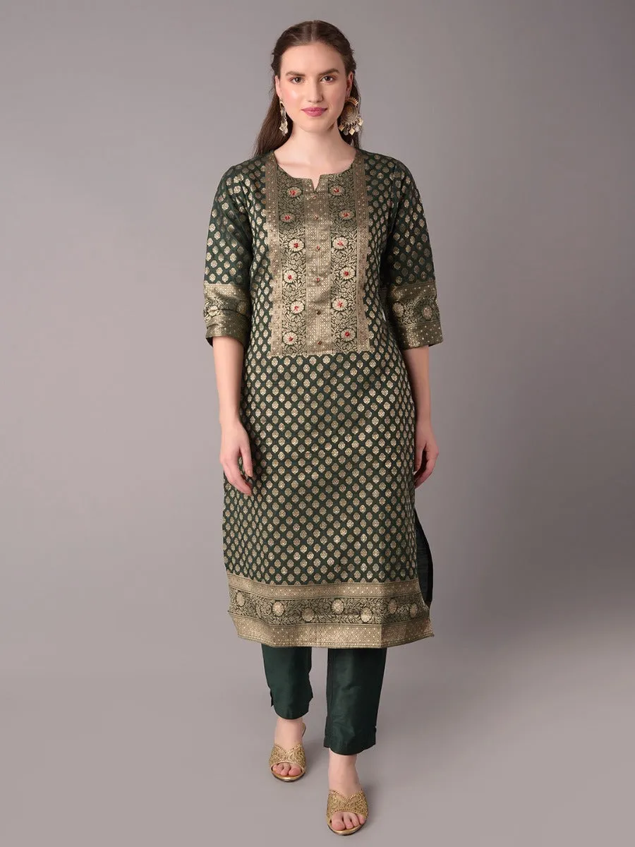 Women Green Ornamental Printed Kurta Trouser Dupatta