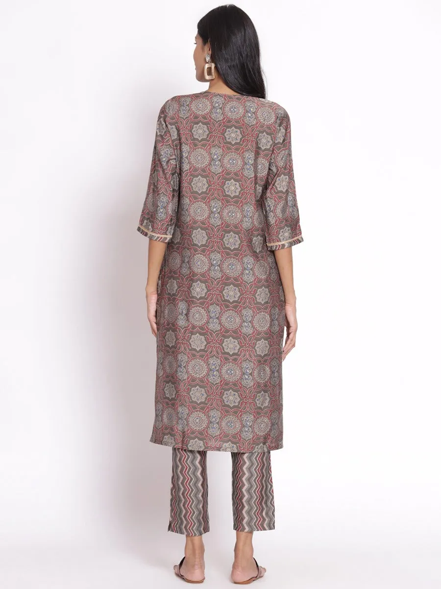 Women Grey Ornamental Printed Kurta Trouser Dupatta