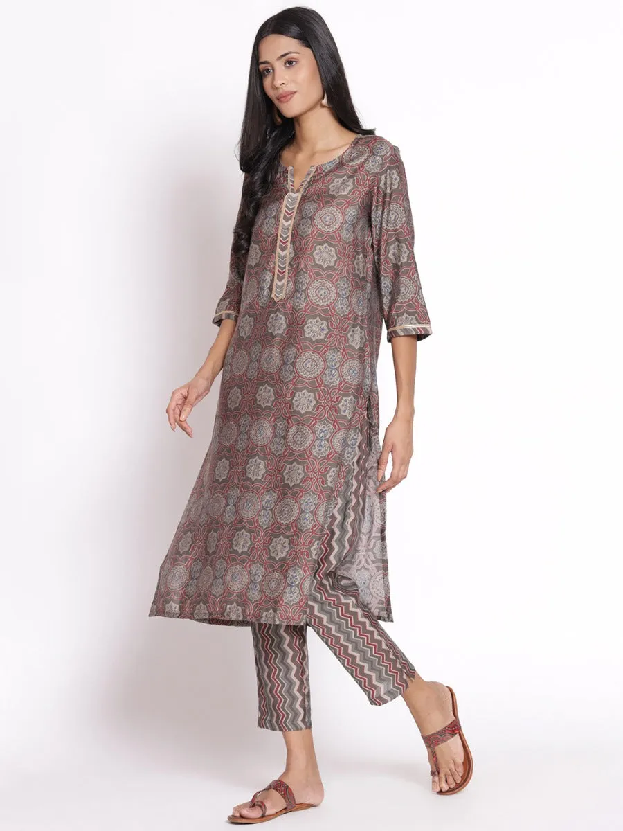 Women Grey Ornamental Printed Kurta Trouser Dupatta