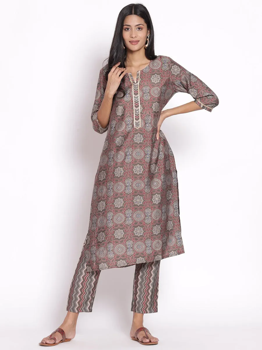 Women Grey Ornamental Printed Kurta Trouser Dupatta