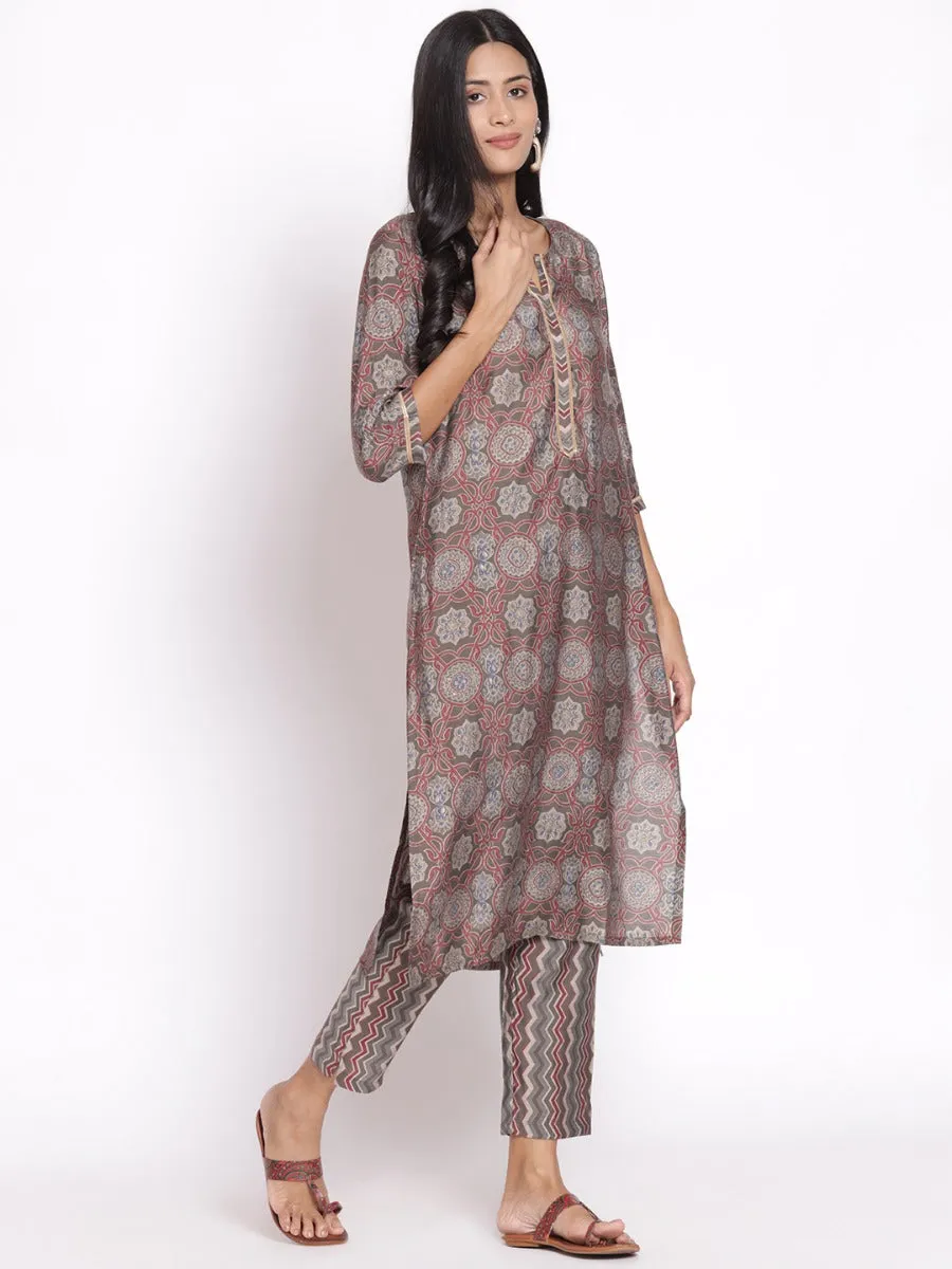 Women Grey Ornamental Printed Kurta Trouser Dupatta