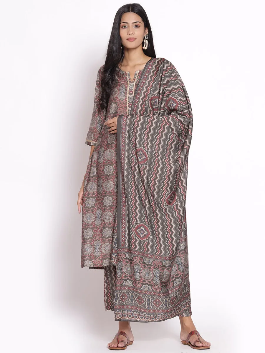 Women Grey Ornamental Printed Kurta Trouser Dupatta