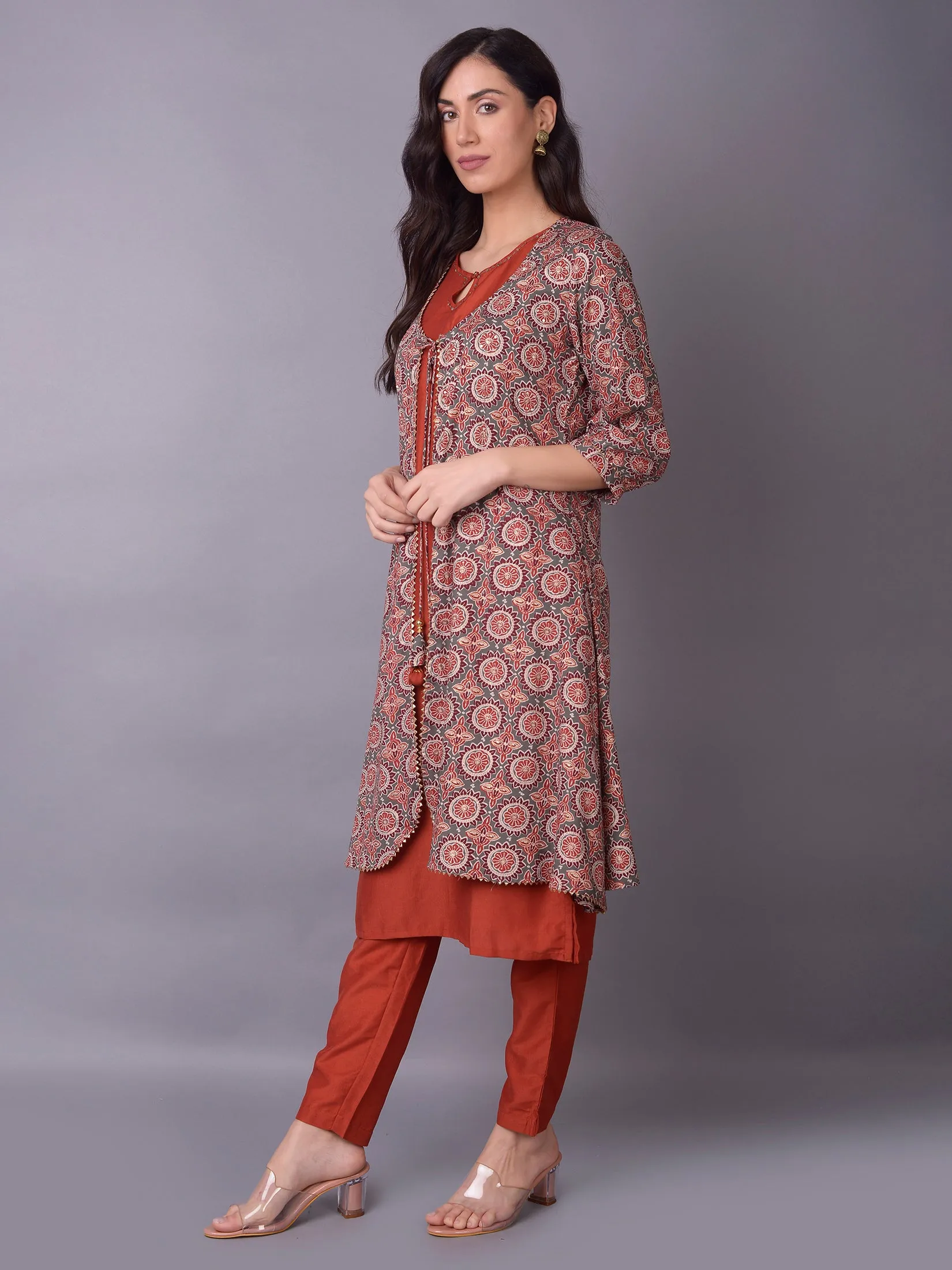 Women Grey Ornamental Printed Kurta Trouser Jacket