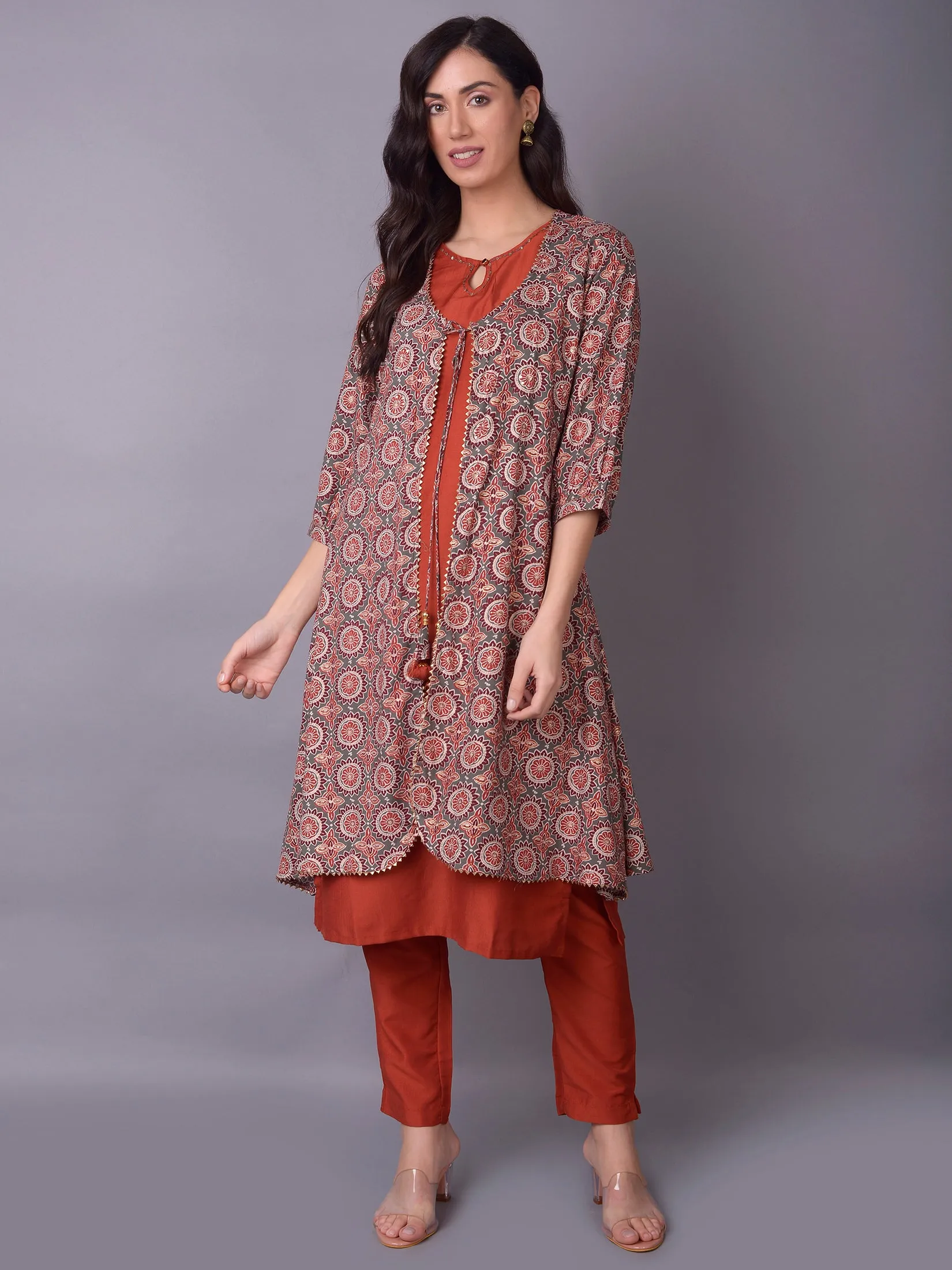 Women Grey Ornamental Printed Kurta Trouser Jacket