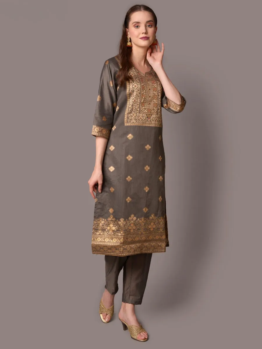 Women Grey Printed Kurta Trouser Dupatta