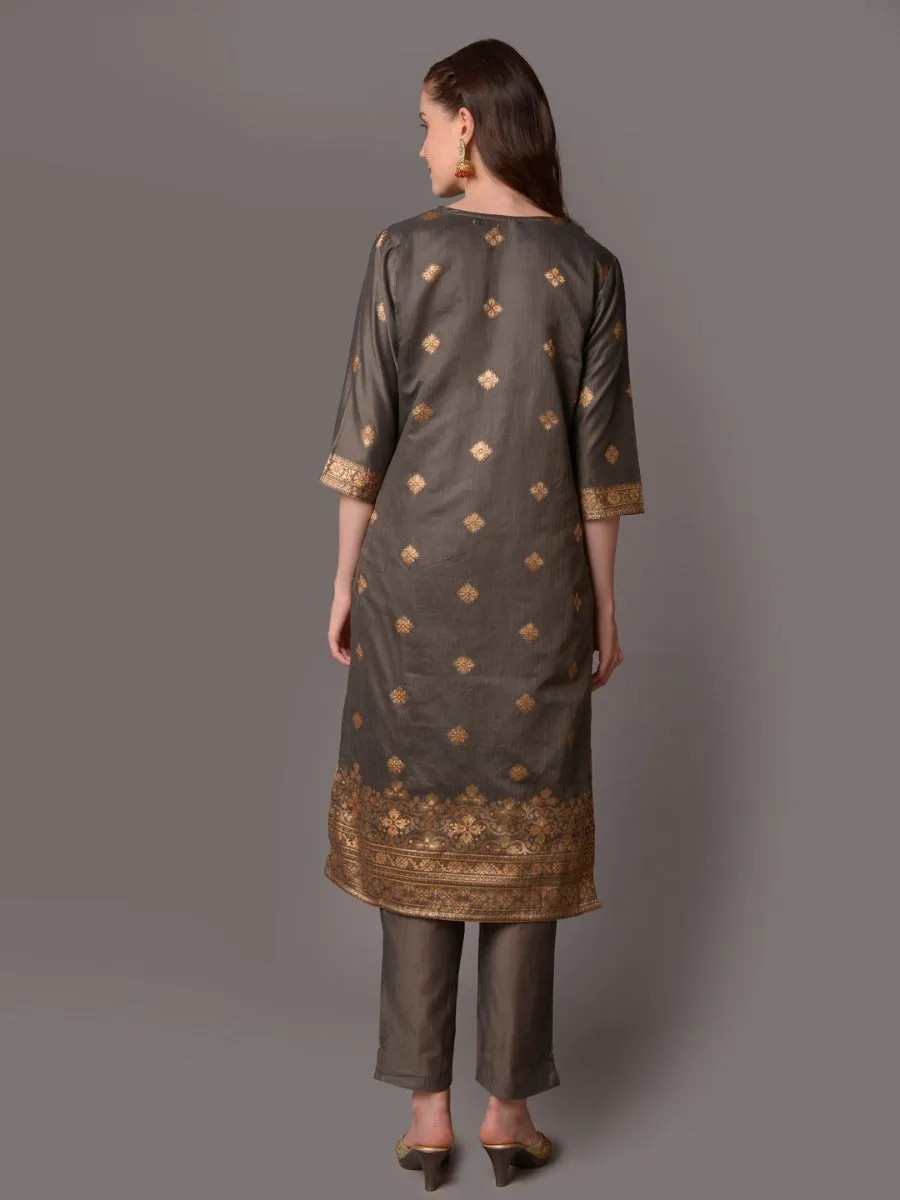 Women Grey Printed Kurta Trouser Dupatta