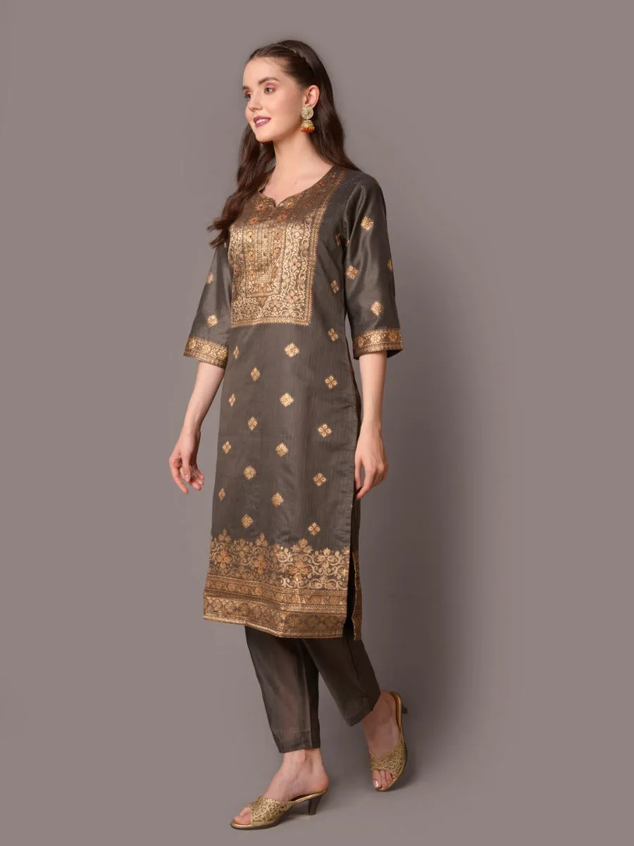 Women Grey Printed Kurta Trouser Dupatta